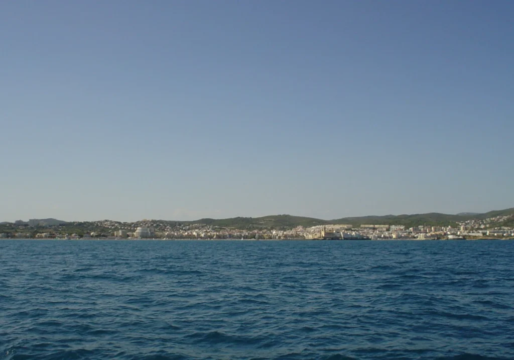 Panoramic view of the Sitges coastline and town from the sea
