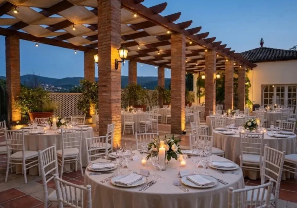 Elegant terrace with wooden structure, dinner tables set and mountain views at dusk