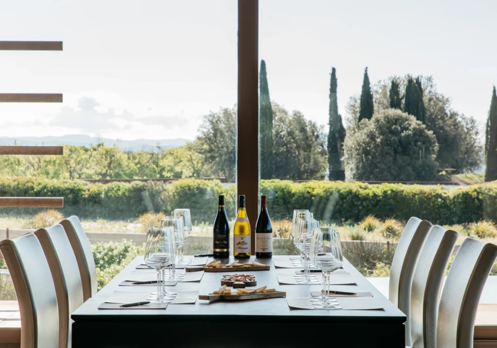 Wine tasting table with bottles and glasses in front of a window overlooking vineyards